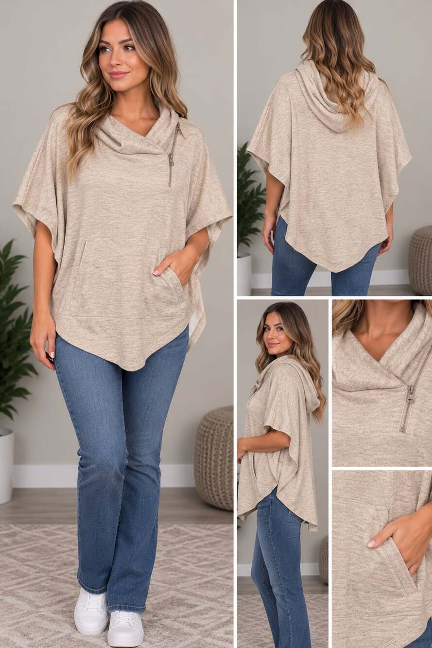 Simply Noelle Cowl Neck Poncho Size S/M Oatmeal Heather Fleece Pullover